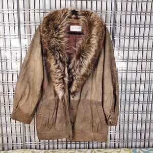 Jacobsens Vintage Distressed Genuine Leather Coat Jacket With Fur Size Medium